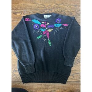 VTG Marnie West Sweater Black‎ Ramie Cotton Blend Sequin Beaded Floral Sz M